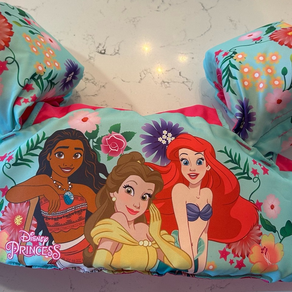 Disney Girls' Aqua and Pink Princess Puddle Pals Swim Vest with Floral Accents